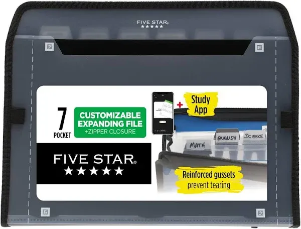 Five Star 7-Pocket Customizable Expanding File with Reminder Tabs Plus Study App