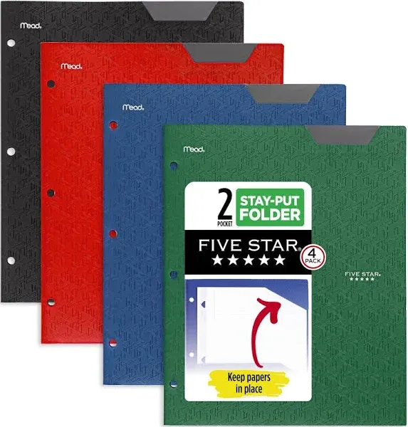 Five Star Two-Pocket Stay-Put Plastic Folder, 11 x 8.5, Assorted, 4/Pack