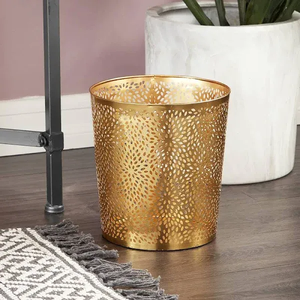 CosmoLiving by Cosmopolitan Metal Small Waste Bin with Laser Carved Floral Design, 9" x 9" x 10", Gold