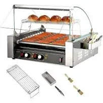 ROVSUN Hot Dog Roller ETL Certified, 11 Rollers 30 Hot Dog Roller Grill Cooker Machine w/Cover, Dual Temp Control, LED Lighting, Removable Shelf & Drip Tray for Party Home Commercial 1650W