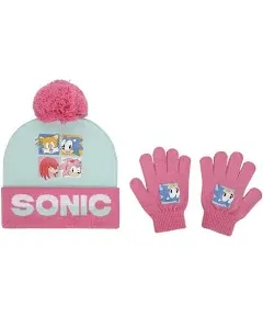 Sonic The Hedgehog
Girls Pink and White Youth Cuffed Beanie and Gloves Set