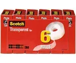 Scotch Transparent Tape 3/4" x 1000" 1" Core Clear (6/Pack)