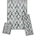 Modern Contemporary 3-Piece Rug Set with 5x7 Area Rug, 2x5 Runner Rug and 2x3 Accent Mat, Geometric Faded Trellis Diamond Pattern Design, Blue/Gray