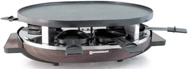 SwissMar Matterhorn Oval Raclette Table Grill Indoor w/ Wood Base - Reversible Cast Aluminum Non-Stick Grill Plate - Tabletop BBQ, Perfect for Parties & Family Bonding - 8-Person