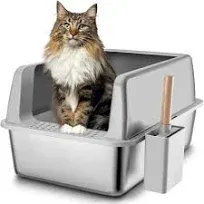 Stainless Steel Litter Box with Lid, XL Extra Large Cat Litter Box Enclosure for Big Cats with High Sides and Scoop, Easy Clean Metal Litter Pan, Non-Stick Cat Toilet, Anti-Leakage, No Smell