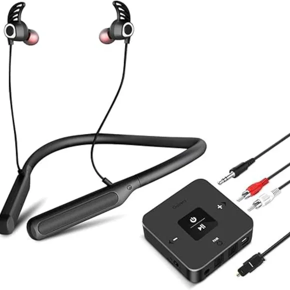 Golvery Bluetooth Headphones Transmitter for TV Watching, Neckband Wireless Stereo Earphones Earbuds Set w/Transmitter Adapter for Optical Digital RCA 3.5mm Aux TVs, Plug n Play No Audio Delay