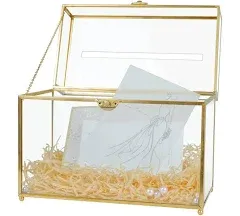 Jajamy Glass Wedding Card Box with Slot, 10.2” Large Gold Card Box for Wedding Reception, Clear Gift Card Storage Box with Lock Perfect for Wedding,