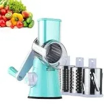 Rotary Cheese Grater with Handle Vegetable Shredder Round Kitchen Slicer Mandoline Grater for Vegetable, Nuts, Chocolate, Cheese, White, 3 Stainless Steel Blades