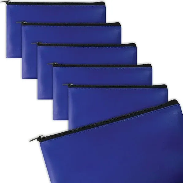 Better Office Products 6 Pack, Zippered Security Bank Deposit Bag, Leatherette, Cash Bag, Coin Bag, Utility Pouch, Blue, 6 Bags