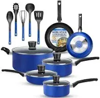 15 Piece Pots and Pans Non Stick Chef Kitchenware Cookware Set, Blue (Used)