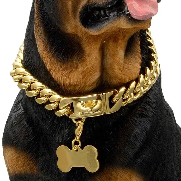 W/W Lifetime Gold Dog Chain Collar Walking Metal Chain Collar with Design Secure Buckle,18K Cuban Link Strong Heavy Duty Chew Proof for Mediu