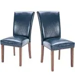 COLAMY Upholstered Parsons Dining Chairs Set of 2, PU Leather Dining Room Kitchen Side Chair with Nailhead Trim and Wood Legs - Blue