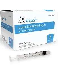 LiteTouch 3ml Luer Lock Syringe, Sterile, Individually Sealed - 100 Syringes per Box (no Needle)