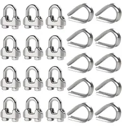 12Pcs 3/16" M5 Wire Rope Clamps 10 Pcs M5 Wire Rope Thimble, 304 Stainless Steel Cable Clamps Kit for 3/16 inch Steel Cable Thimbles Rigging