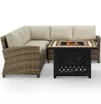 Crosley Furniture Bradenton 4-Piece Wicker Outdoor Sectional Sofa Patio Furniture Set with Fire Pit Table, Brown with Navy Cushions