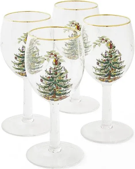 Vtg. SPODE Set of 4 Spode Christmas Tree All Purpose Wine Glasses, Original Box