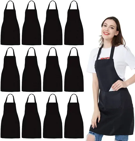 NOBONDO 12 Pack Bib Apron - Unisex Black Apron Bulk with 2 Roomy Pockets Machine