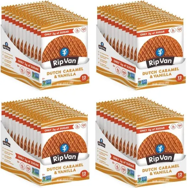 Rip Van Wafels Gluten-Free Dutch Caramel & Vanilla Stroopwafels, Healthy Snacks, Non-GMO, Low Sugar (6g), Low Calorie, 12 Count