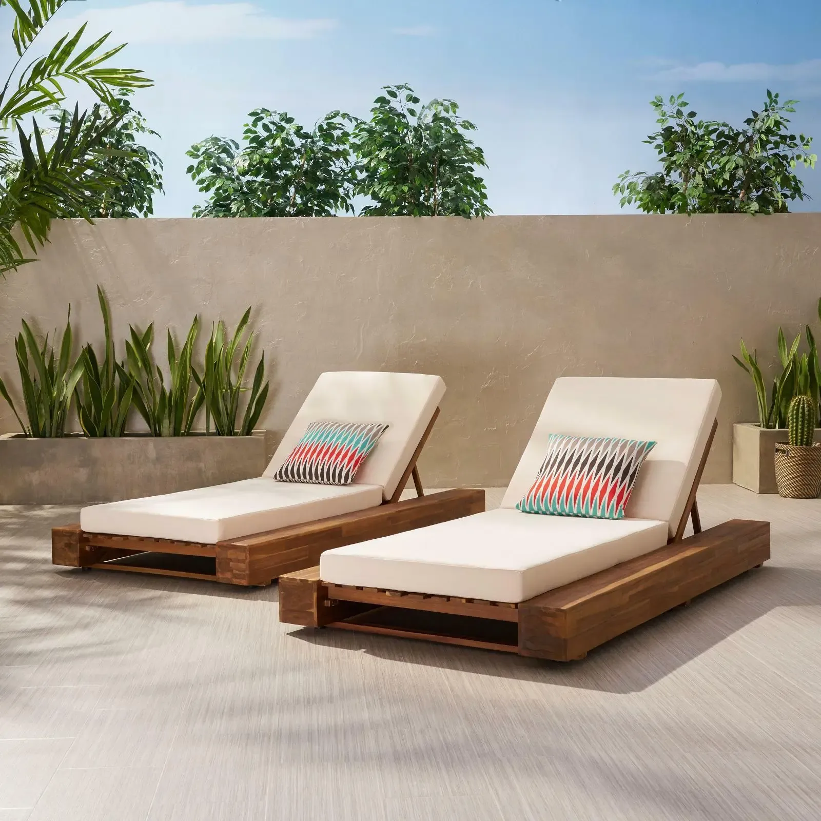 Outdoor Acacia Wood Chaise Lounge Chair And Cushion Sets Set Of 2 Teak And Cream