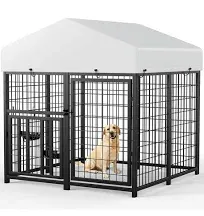 ROOMTEC Large Dog Kennel Outdoor Pet Pens Dogs Run Enclosure Animal Hutch Metal Coop Fence with Rotating Bowl (4'L x 4'W x 4.25'H)