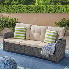 Christopher Knight Home Sanger Outdoor 3 Seater Wicker Sofa - Grey/Beige