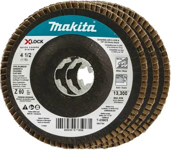 Makita T-03903-3 X-LOCK 4-1/2 inch Type 29 Angled Flap Disc, 60 Grit, 3/pk