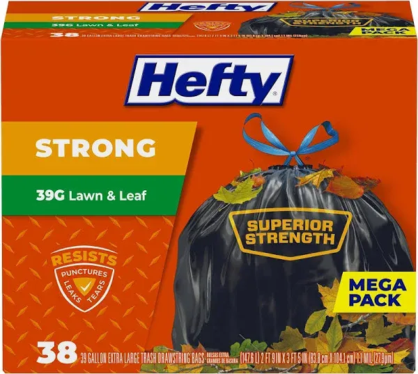 Hefty E87038 Lawn and Leaf Bags Extra Strong 39 gal Drawstring Black