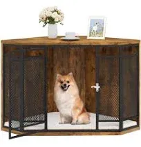 YITAHOME Corner Dog Crate Furniture, 43.7 inch Dog Kennel Furniture with Metal Mesh, Wooden Dog Crate End Table, Small Medium Dogs, Brown