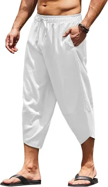 COOFANDY Men&#039;s Linen Harem Capri Pants Lightweight Loose 3/4 Shorts Drawstring E