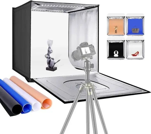 Neewer Photo Studio Light Box, 24” × 24” Shooting Light Tent with Adjustable Brightness, Foldable and Portable Tabletop Photography Lighting Kit with 120 LED Lights and 4 Colored Backdrops