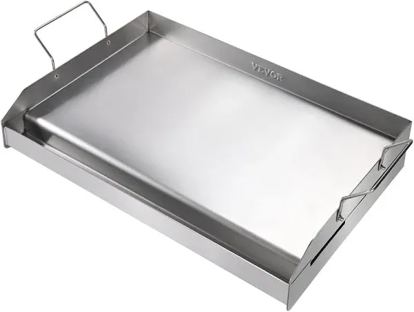 VEVOR Stainless Steel Griddle, 23.5"x16" Pre-Seasoned Stove Top Griddle, Rectangular Double Burner Griddle Pan, Non-Stick Family Pan Cookware with Handles and Oil Groove, for BBQ, Gas Grills, Silver