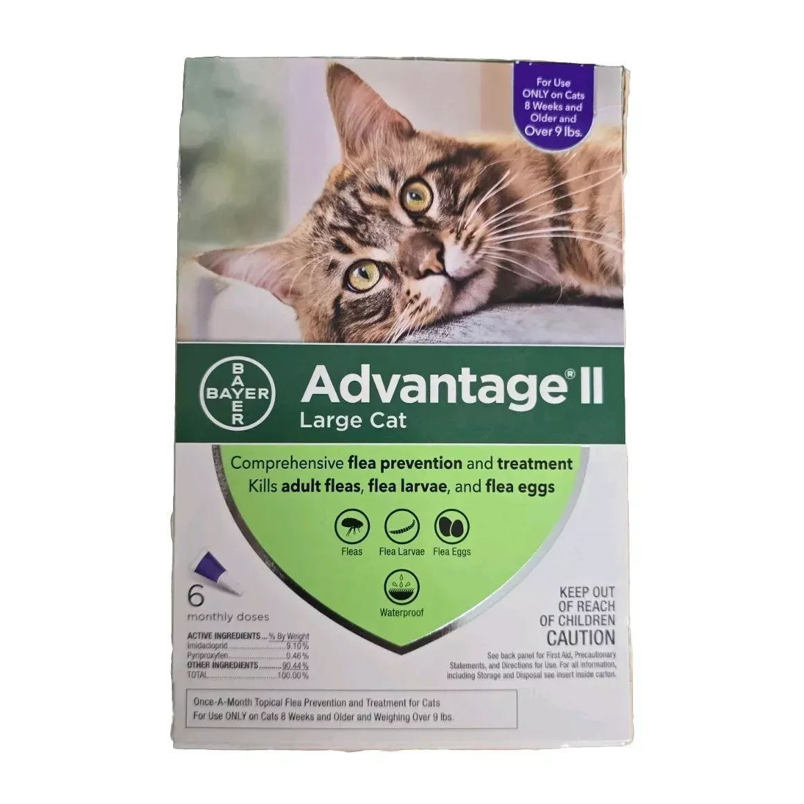 Advantage II Cat Purple (9+ lbs 6 doses Repels &amp; Kills Fleas, Ticks