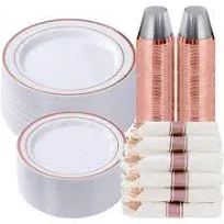 Prestee 350 Piece Rose Gold Plastic Dinnerware Set (50 Guests), Disposable 50 Plastic Rose Gold Plates Rim, 50 Pre-Rolled Linen-Feel Napkins with 50