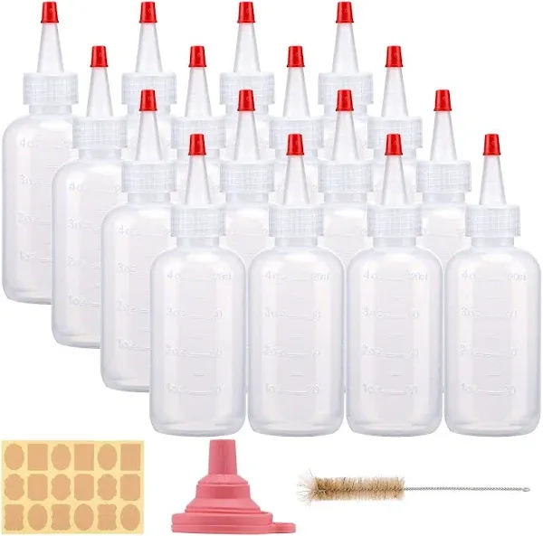 Cucumi 16pcs 4oz Plastic Squeeze Bottles with Red Tip Caps and Measurement