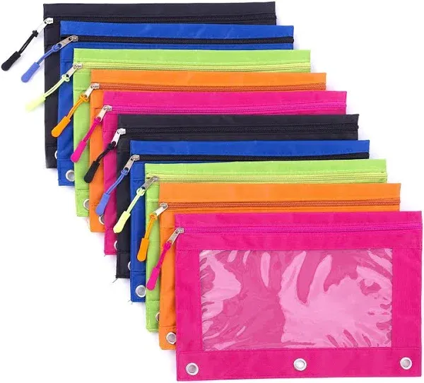 DoDoMagxanadu Binder Pencil Pouch with Zipper Pulls, Pencil Case with Rivet Enforced 3 Ring, 10 Pack 5 Colors