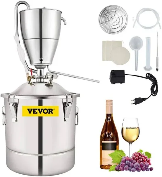 VEVOR Water Alcohol Distiller, 8 Gal/30 L, 304 Stainless Steel Still w/ 6-Lap Coil & Exhaust Port, Home Distillery Kit w/Thermometer Pump, Oxygen-Free Steaming for Purer Whiskey Brandy Essential Oil