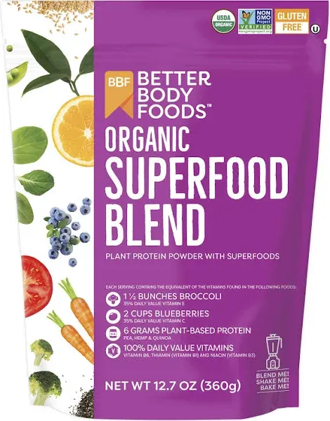 BetterBody Foods Organic Blend Plant Protein Powder With Super foods 12.7 Oz