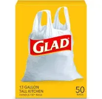 Glad Tall Kitchen Handle-Tie Trash Bags - 13 Gallon White Trash Bag - 50 Count, 