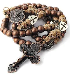 Rosary Necklace Crucifix Large  Heavy Antique Bronze Metal Beads ST.MICHAEL