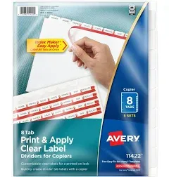 Avery Print &amp; Apply Clear Label Dividers w/White Tabs Copiers 8-Tab Letter 5