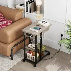 C Shaped End Table with Charging Station, Stylish C Side With Charger 