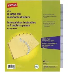 Staples Large Tab Insertable Dividers, 8-Tab, Clear, 4/Pack (13516/14482)