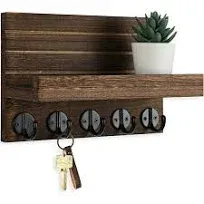 Key Holder Wall Mount, Decorative Key and Mail Holder with Shelf, Brown