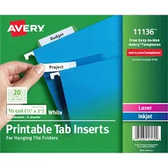 AVERY 11136 WORKSAVER 1/5 Cut PRINTABLE HANGING FILE TAB 100 INSERTS(2D)