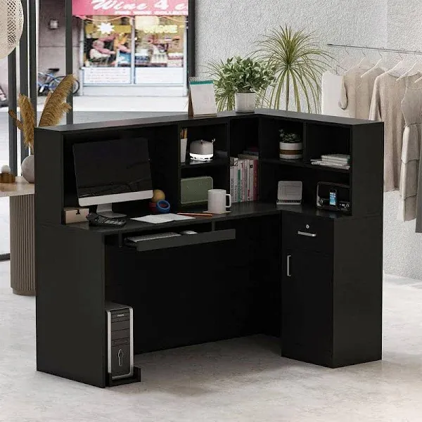 AIEGLE L-Shaped Reception Desk Counter Table with Lockable Drawers & Storage Shelves, Private Workstation for Salon Reception Room Checkout Office, Black (55.9" L x 32.3" W x 48.4" H)