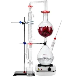 VEVOR Essential Oil Distillation Kit, 2000ml Distillation Apparatus, 3.3 Boro Lab Glassware Distillation Kit with 1000W Heating Plate and 24, 40 Joint, 28 pcs Set