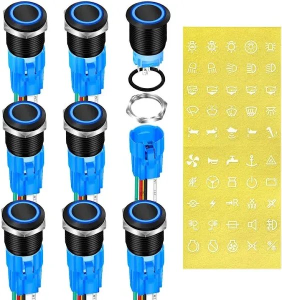 DaierTek 12V Latching Push Button Switch 19mm ON Off Black Metal Pre-Wired 12 Volt Blue Led Light Illuminated Waterproof Button for Marine RV -8 Pack