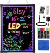 Slsy Illuminated LED Message Writing Board, 16"X12" Erasable Neon Effect Menu Sign Board with 8 Fluorescent Makers Remote Control, 26 Flashing Modes Light Up Board