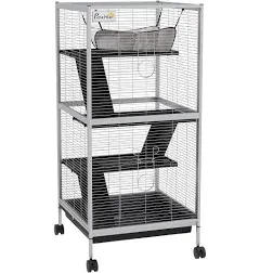 PawHut Metal Small Animal Cage Rolling Big Ferret Cage, Chinchilla Cage, Sugar Glider Cage, with Hammock & 4 Tiers, Removable Tray, Gray