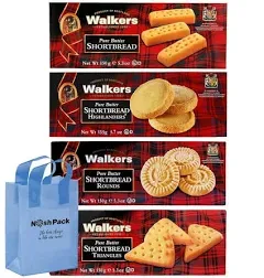 Shortbread Cookies Scottish Biscuits - 4 Pack Individually Wrapped Variety - Triangle Short Bread, Shortbread Fingers, Shortbread Highlanders and Shortbread Rounds, with Nosh Pack Bag